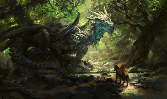 Обои на рабочий стол Воин на лошади и дракон, art by Mike Azevedo