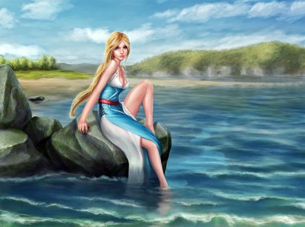 Обои на рабочий стол Девушка сидит на камне у воды