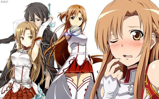 Обои на рабочий стол Юки Асуна / Yuuki Asuna в объятьях Киригая Казуто / Kirigaya Kazuto из аниме Мастера меча онлайн / Sword Art Online