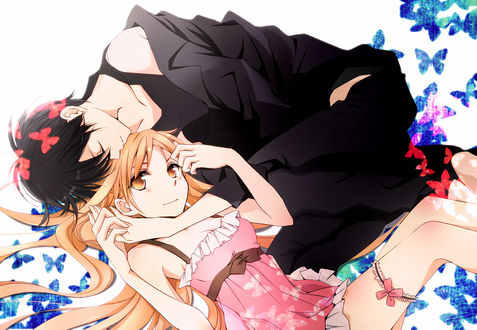 Обои на рабочий стол Юки Асуна / Yuuki Asuna в объятьях Киригая Казуто / Kirigaya Kazuto из аниме Мастера меча онлайн / Sword Art Online, art by Tsukimori Usako