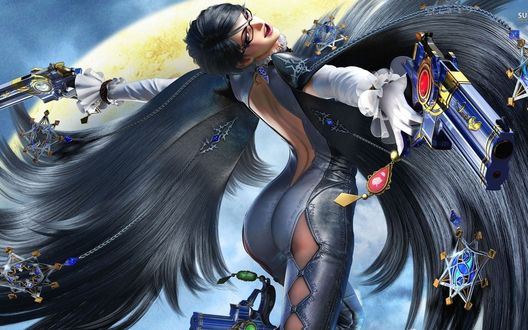 Обои на рабочий стол Девушка героиня из игры Bayonetta 2 стреляет из пистолетов с обеих рук, по- македонски
