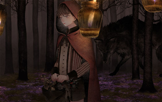 Обои на рабочий стол Мальчик в плаще идет по ночному лесу, его преследует огромный черный волк