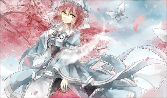 Обои на рабочий стол Yuyuko Saigyouji / Ююко Сайгедзи держит в руке веер из игры Проект Восток / Touhou Project, art by Pixiv Id 3999381