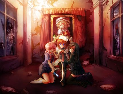 Обои на рабочий стол Flandre Scarlet / Фландр Скарлет из игры Проект Восток / Touhou Project, Gasai Yuno / Юно Гасай из аниме Mirai Nikki / Дневник будущего, Katsura Kotonoha / Катсура Котоноха из аниме School Days / Школьные дни, Ryuuguu Rena / Рэна Рюгу из аниме Higurashi no Naku Koro ni / Когда плачут цукады, art by Freeze-ex