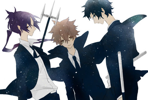 Обои на рабочий стол Hibari Kyoya / Хибари Кея, Rokudou Mukuro / Рокудо Мукуро и Sawada Tsunayoshi / Савада Цунаеши из аниме Katekyo Hitman REBORN!/Репетитор Киллер Реборн, art by Pixiv Id 5075397