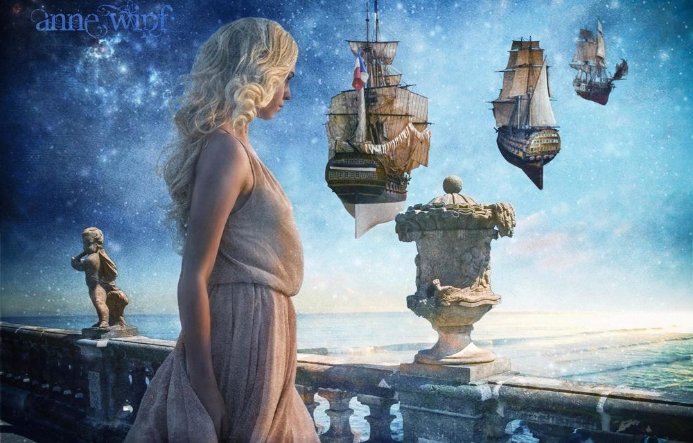 Обои для рабочего стола Девушка стоит у на набережной, у каменной изгороди с ангелом и вазой на столбиках и наблюдает, как в небе летят парусные корабли, Anne Wipf