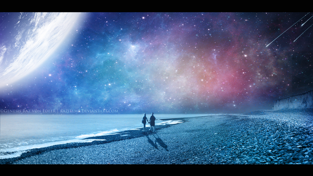 Обои для рабочего стола Влюбленные юноша и девушка, взявшись за руки. стоят на берегу моря на фоне ночного, космического неба, автор Raziel MB