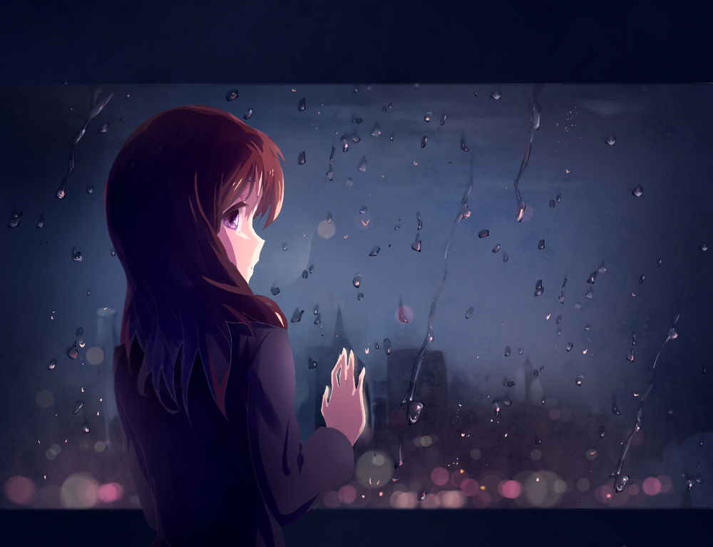 Обои для рабочего стола Печальная девушка стоит возле окна на котором стекают капли дождя