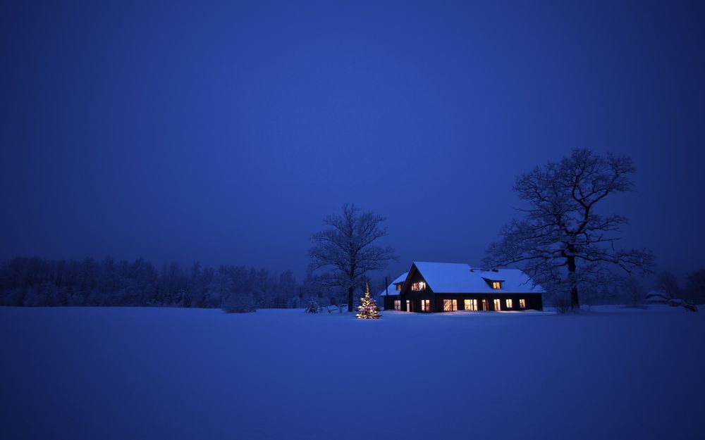 Обои для рабочего стола Деревянный дом с ярко светящимися окнами, стоящий на лесной опушке на фоне ночного неба, рядом с домом стоит наряженная елочными игрушками новогодняя елка со светящейся гирляндой