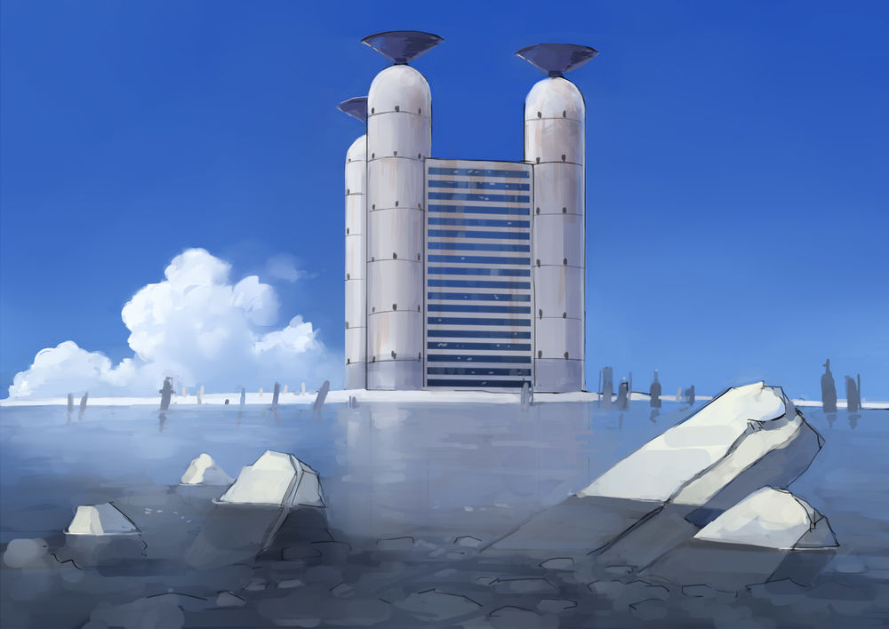 Обои для рабочего стола Необычное здание на фоне моря с айсбергами, art by Seo Tatsuya