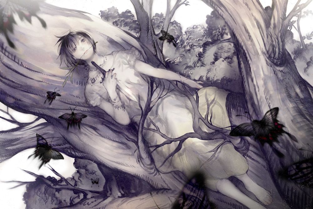 Обои для рабочего стола Девушка с кинжалом на дереве, art by Pekomi