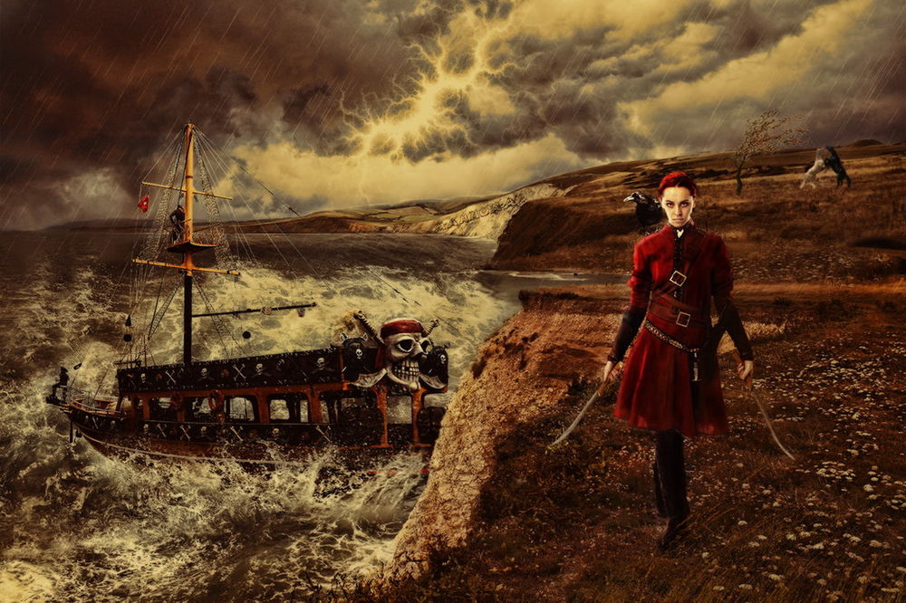 Обои для рабочего стола Девушка-пиратка в красном камзоле с саблями в руках, идущая по берегу бушующего моря под сильным дождем, со стоящим в море пиратским кораблем на фоне сверкающих молний и грозового неба, автор Mahhona