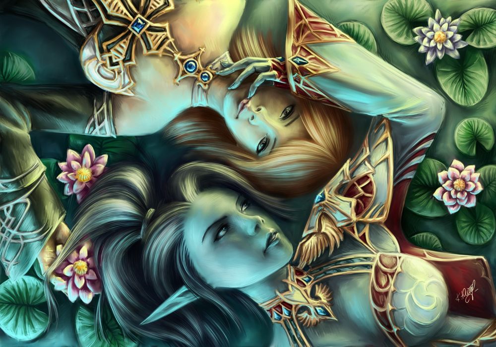 Обои для рабочего стола Две девушки эльфы лежат голова к голове, среди цветов