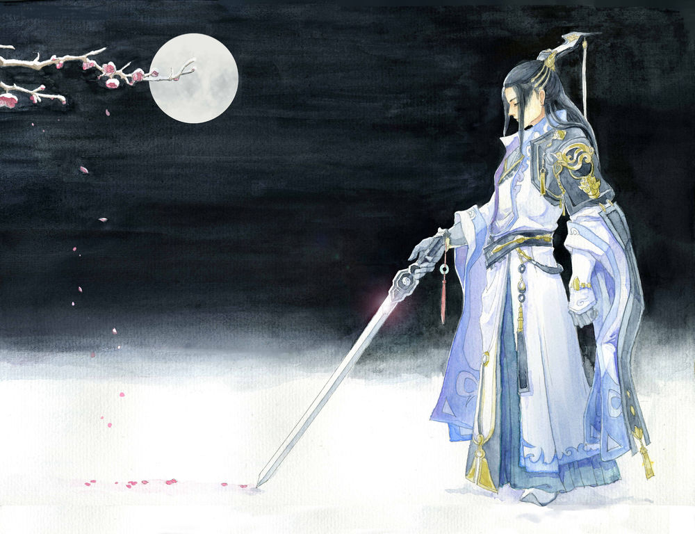 Обои для рабочего стола Парень с мечом на фоне ночного неба и полной луны