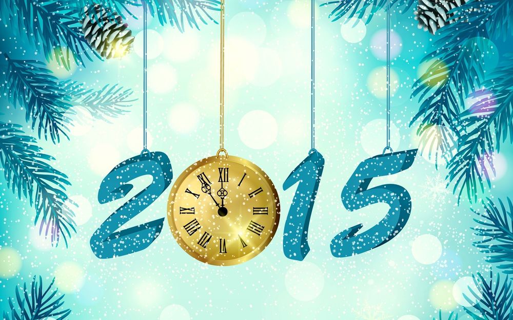 Обои для рабочего стола Число 2015 знаменующее новый год, часы, ветки сосны, идет снежок