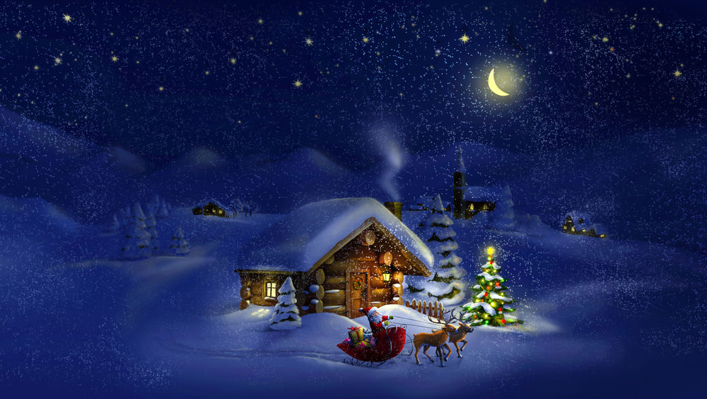Обои для рабочего стола Санта-Клаус / Santa Claus едущий в повозке с праздничными, новогодними и рождественскими подарками, запряженной оленями, проезжающий мимо деревянной избушки с вьющимся дымкой над крышей, наряженной новогодней елкой у домика на фоне ночного, звездного неба и желтого полумесяца