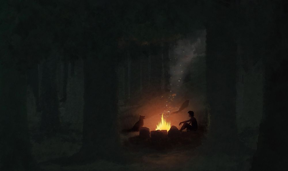 Обои для рабочего стола Мальчик с собакой, сидящие в ночном лесу возле горящего костра