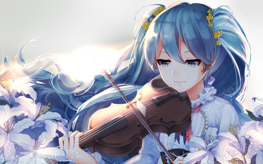 Обои для рабочего стола Vocaloid Hatsune Miku / Вокалоид Хатсуне Мику играет на скрипке