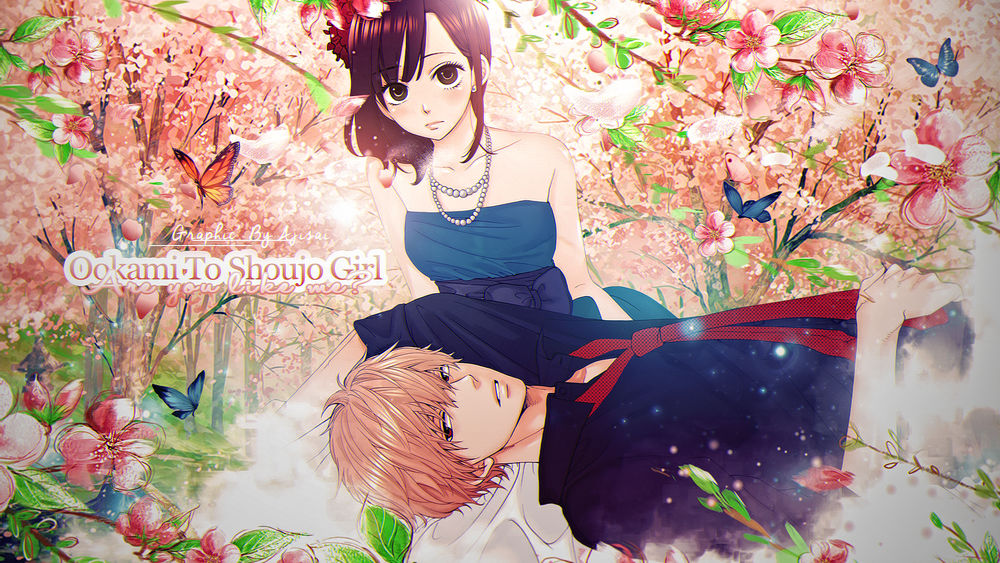 Обои для рабочего стола Shinohara Erika / Шинохара Эрика и Sata Kyouya / Сата Кея из аниме Ookami Shoujo to Kuro Ouji / Волчица и черный принц
