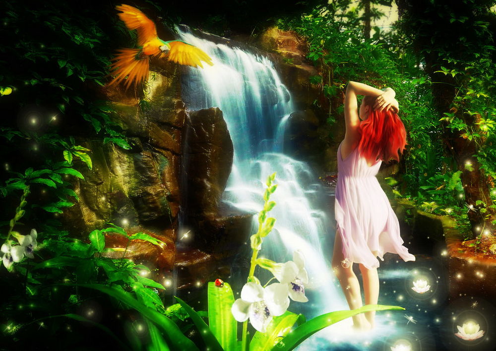 Обои для рабочего стола Рыжеволосая девушка в белом платье, закинув руки за голову, стоящая в воде падающего водопада, любуется красивым попугаем ара, автор Cellest 84
