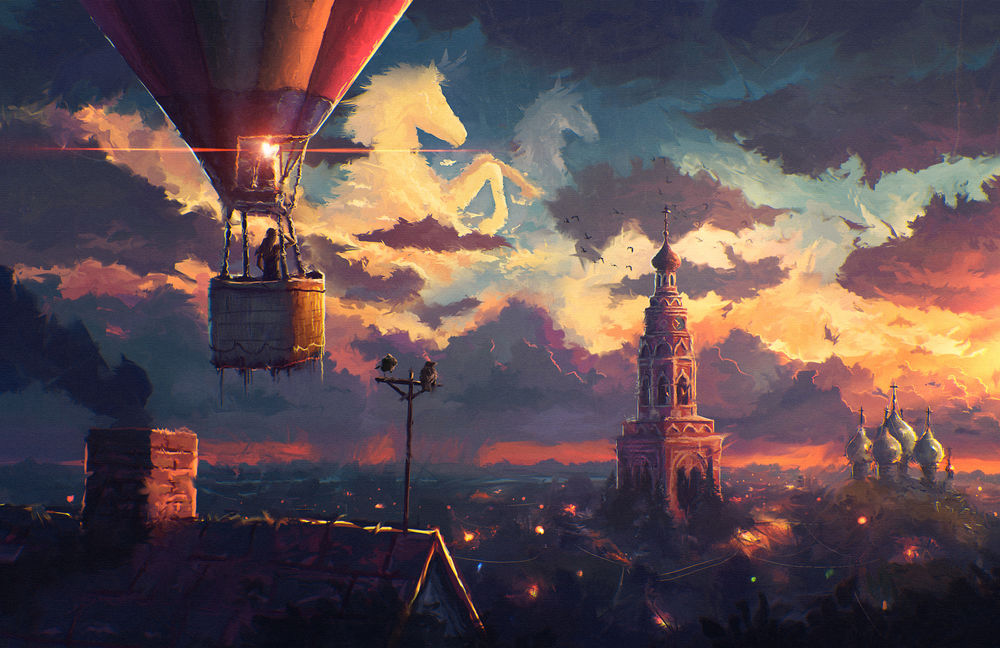 Обои для рабочего стола Девушка летит на воздушном шаре над вечерним городом, художник Артем Артяков (sylar113)