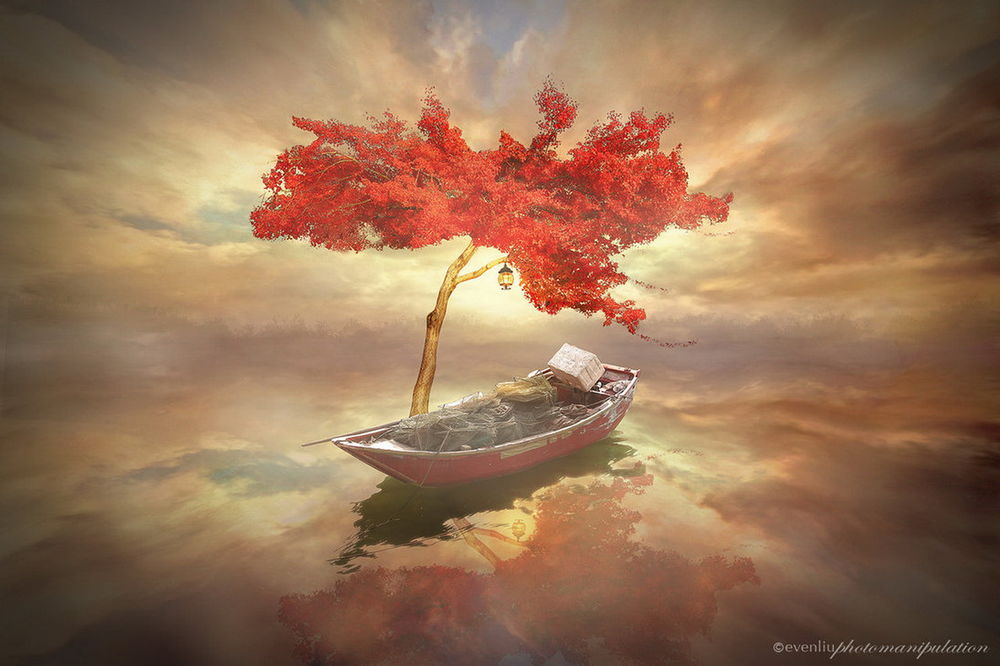 Обои для рабочего стола Лодка с различными рыболовными принадлежностями, стоящая на воде рядом с деревом с красными листьями на фоне пасмурного неба, автор eventiu