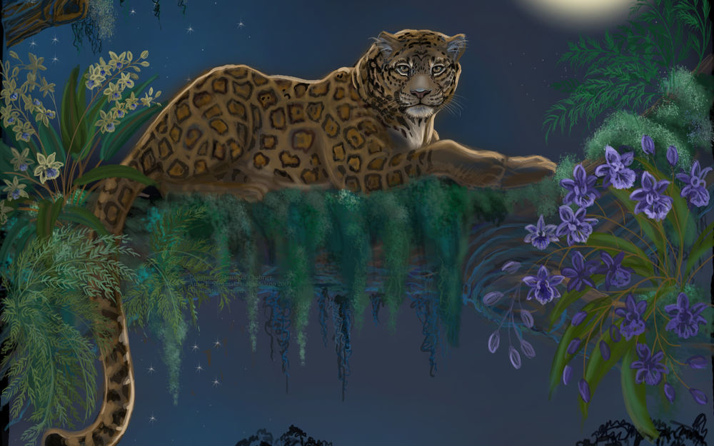 Обои для рабочего стола Леопард лежит на дереве, рядом с цветами