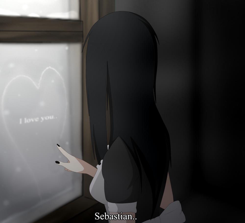 Обои для рабочего стола Девушка смотрит на стекло окна, где нарисовано сердечко и надпись я люблю тебя, Sebastian