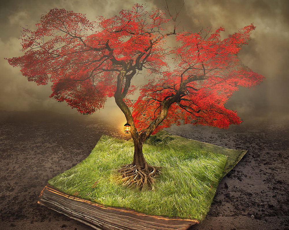 Обои на рабочий стол Дерево с красными листьями, растущее на листах  открытой книги, покрытых зеленью, на ветке дерева висит фонарь с горящей в  нем свечой на фоне пасмурного неба, автор eventiu, обои