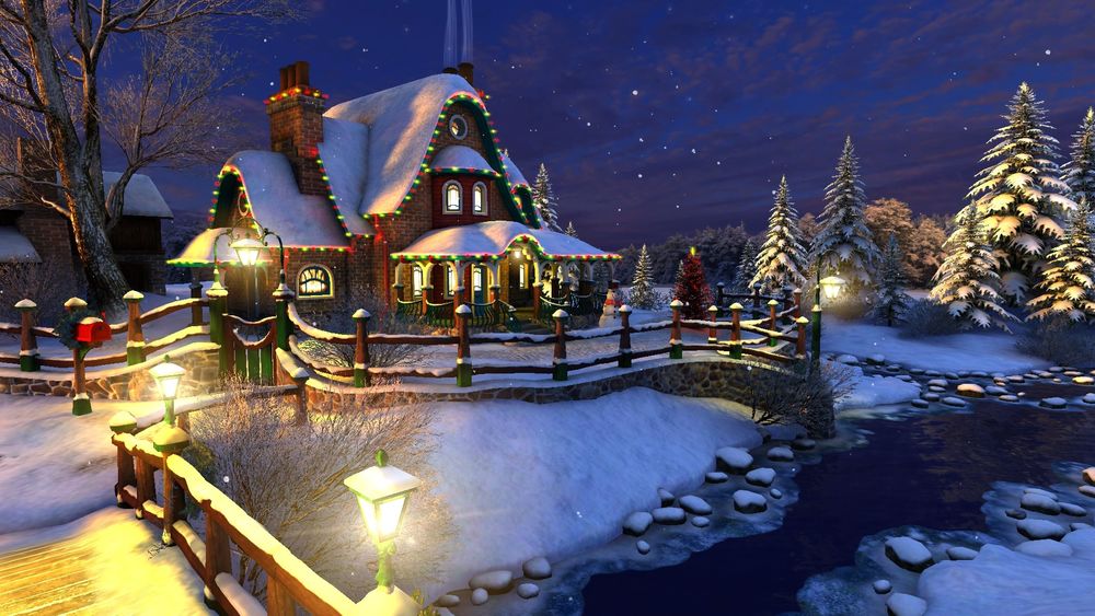 Обои для рабочего стола Красивый дом с мансардой, с занесенной снегом крышей, украшенной по контуру новогодней гирляндой, наряженной новогодней елкой у крыльца с рядом стоящим снеговиком, ярко светящимися фонарями уличного освещения по периметру дома и возле заснеженных елей на фоне ночного, звездного неба