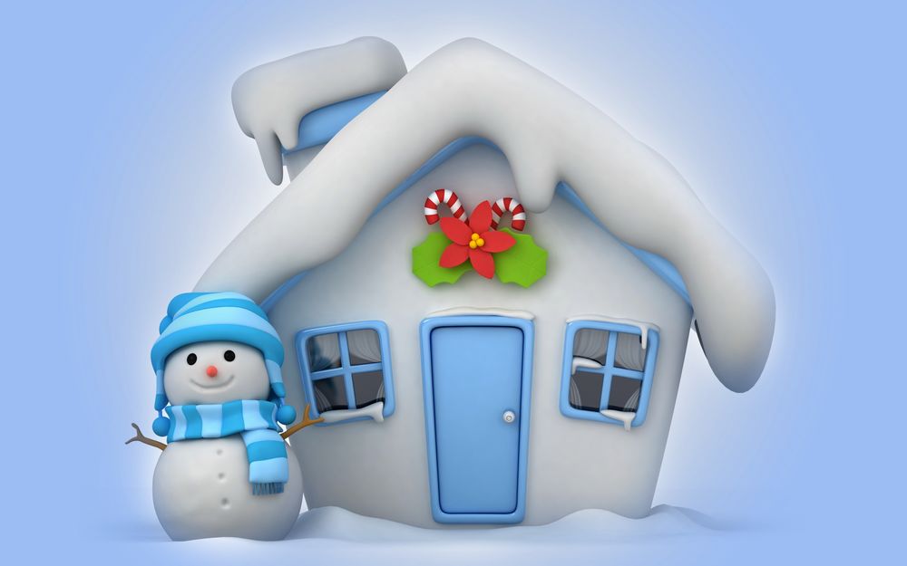Обои для рабочего стола Ледяная избушка с заснеженной трубой и крышей, новогодними атрибутами над входной дверью, стоящим возле избушки снеговиком в вязанной шапочке и цветном шарфике