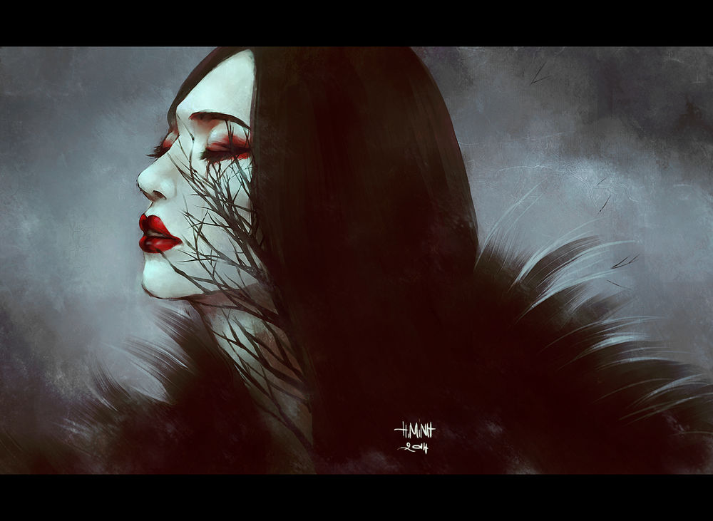 Обои для рабочего стола Темноволосая девушка на сером фоне, art by NanFe