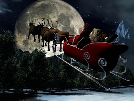 Обои на рабочий стол Санта Клаус / Santa Claus в санях, запряженных оленями, летит над лесом