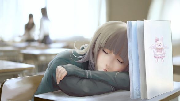 Обои на рабочий стол Девушка спит за книгой