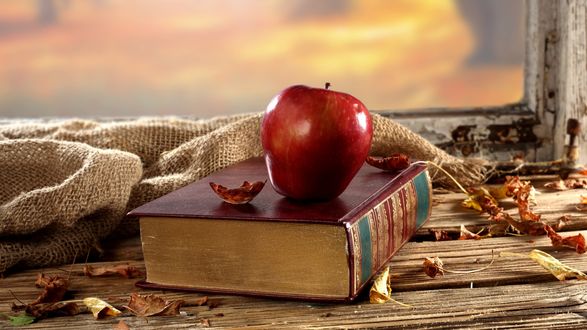 Обои на рабочий стол На книге лежит красное яблоко