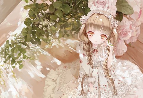 Обои на рабочий стол Девушка с кузнечиком на руке на фоне розовых роз, art by Pixiv Id 3419162