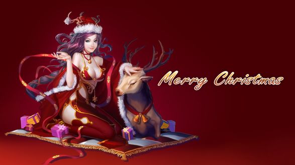 Обои на рабочий стол Девушка с оленем Merry Christmas / Счастливого рождества