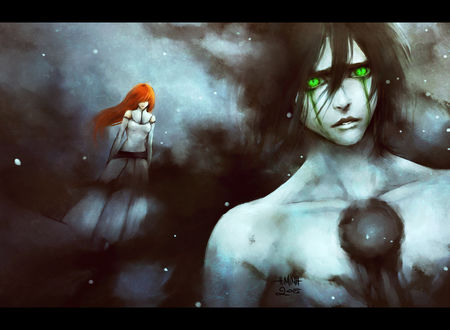 Обои на рабочий стол Иноуэ Орихимэ / Inoue Orihime и Улькиорра Шиффер / Ulquiorra Shiffer из аниме Блич / Bleach, art by NanFe
