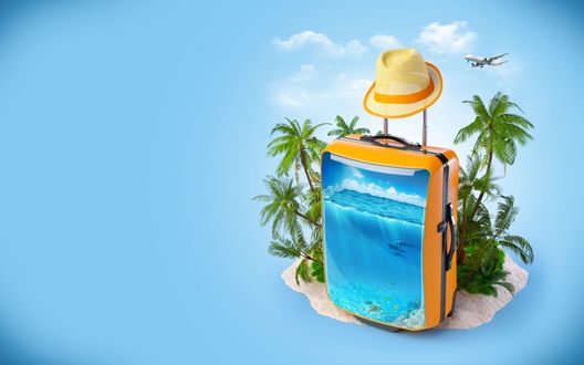 Обои на рабочий стол Чемодан с подводным, морским видом, плавающими в нем дельфинами, стоящий на песчаном клочке земли в окружении растущих пальм, парящий в небе среди белых облаков, пролетающего пассажирского самолета, на ручке чемодана висит соломенная шляпа