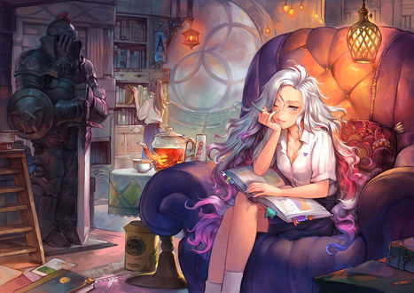 Обои на рабочий стол Девушка с книгой сидит в кресле, art by asuka111