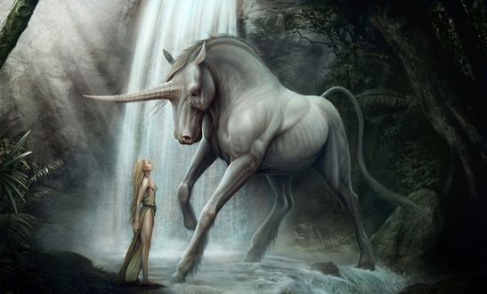 Обои на рабочий стол Девушка и единорог стоят на фоне водопада, by kenbarthelmey