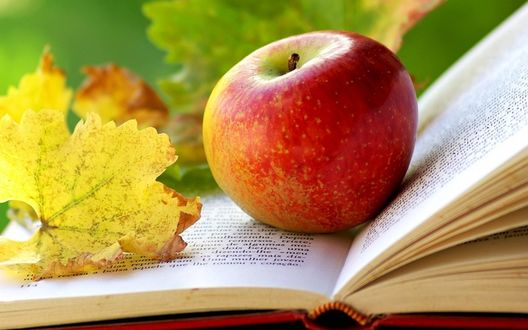 Обои на рабочий стол Красное яблоко и желтый лист лежат на книге