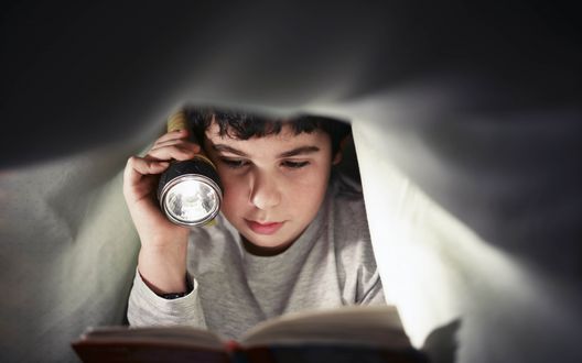 Обои на рабочий стол Мальчик лежа под одеялом, читает книгу при свете фонарика
