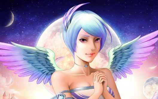 Обои на рабочий стол Девушка-птица на фоне полной луны