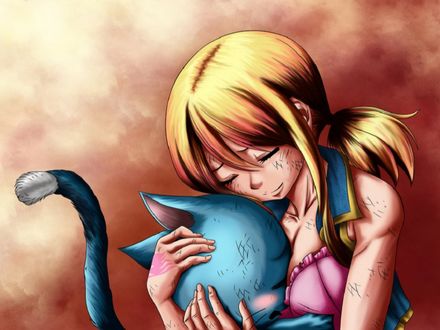 Обои на рабочий стол Люси Хартфилия / Lucy Hartfiliya и Хэппи / Happy из аниме Хвост Феи / Fairy Tail, с голубым котенком