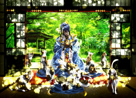 Обои на рабочий стол Мikazuki / Микадзуки из игры Touken Ranbu с птицами на голове и плече, в окружении кошек