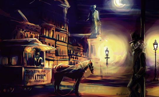 Обои на рабочий стол Мужчина стоит у фонарного столба в ночном городе, by sheepSkeleton