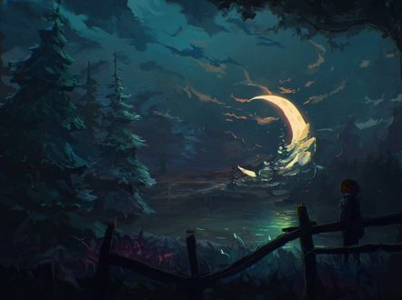 Обои на рабочий стол Девочка стоит у забора в лунную ночь, by Sylar113