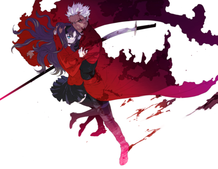 Обои на рабочий стол Rin Tohsaka / Рин Тосака и Archer / Арчер из аниме Fate / stay night / Судьба / Ночь схватки, art by NPN