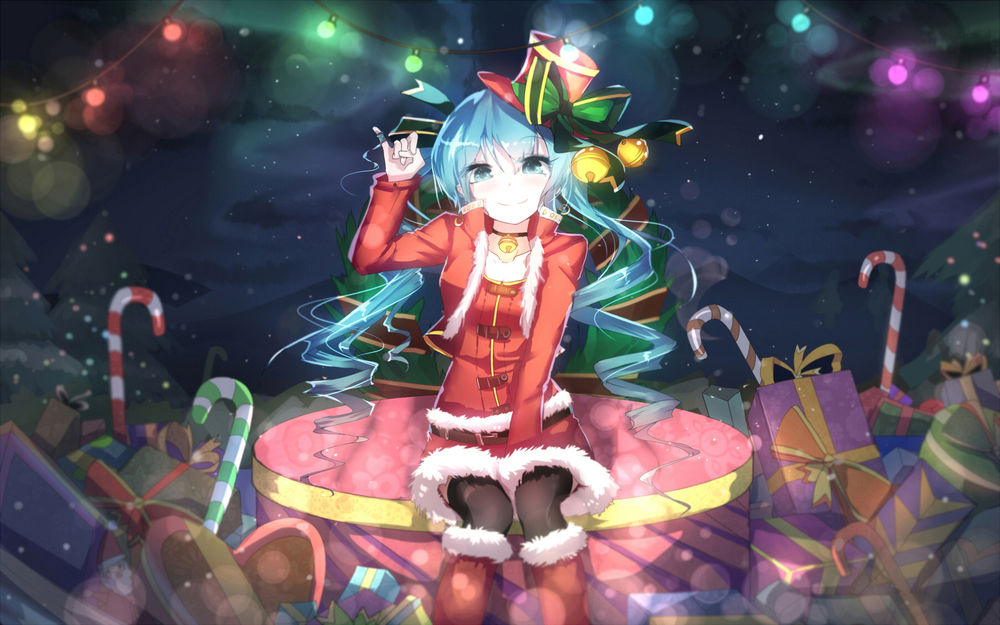 Обои для рабочего стола Vocaloid Miku Hatsune / Вокалоид Мику Хатсуне в новогоднем костюме